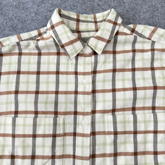 Everlane Oversized Plaid Flannel Shirt‎ Cream Brown Sage Green Women's Size XS - Image 2