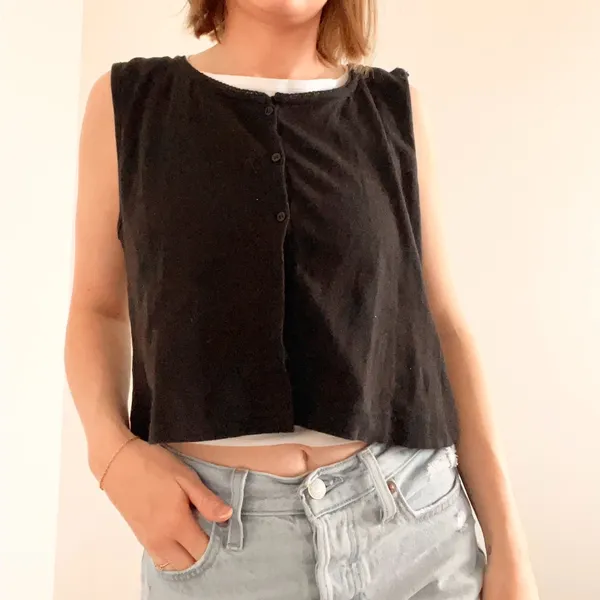 Vintage Button Front Black Cropped Tank Top Size M - Image 5