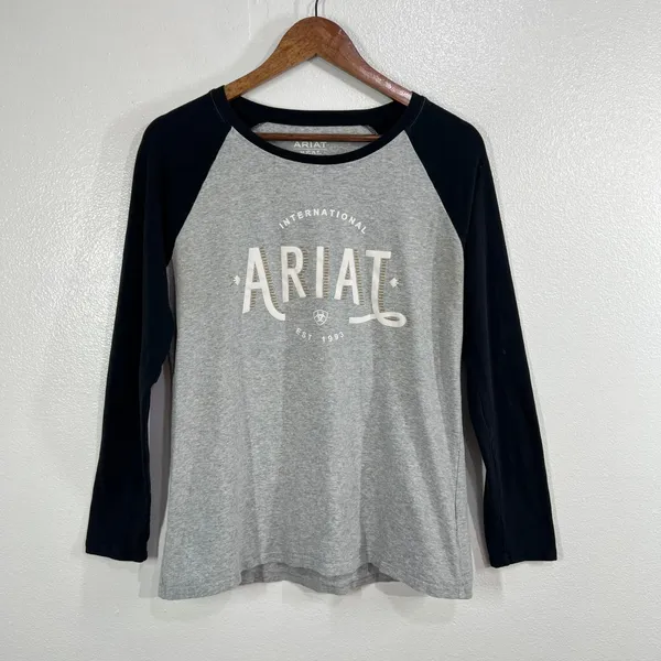 Ariat‎ REAL Women L Large Baseball Tee Shirt Grey Black Raglan Long Sleeve Logo - Image 2