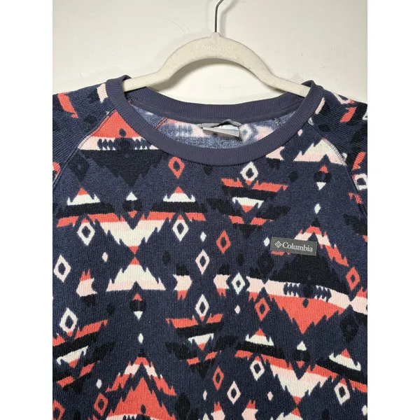 Columbia Fleece Crewneck Shirt Navy Coral Geometric Southwestern Layering Large - Image 3