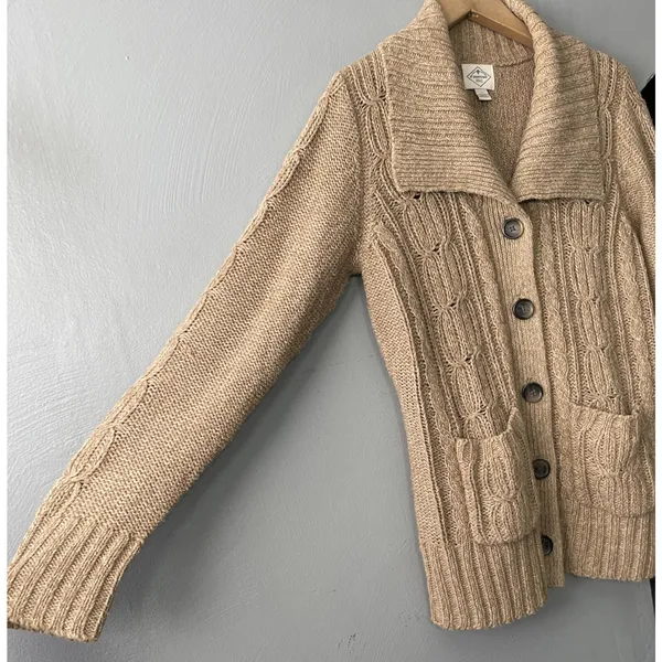 Y2K Cable Knit Cardigan Size Large Tan Button Sweater Pockets Chunky Academia - Image 2