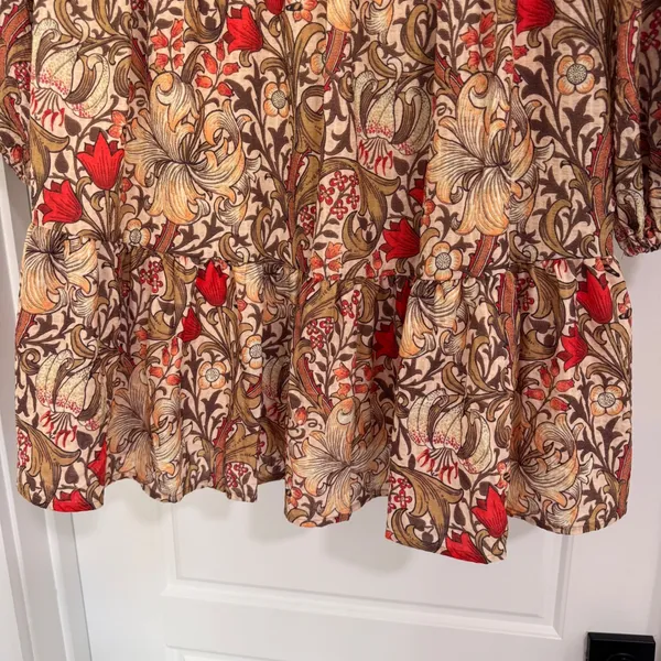 Entro Floral Smocked Mini Dress Long Sleeve Boho Tan Red Brown D21560 Womens M‎ - Image 5