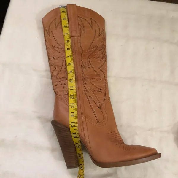 Brown Tan Abilene Alan genuine leather 4” heeled knee high western cowboy/cowgirl boots flame embroidery -Size 9.5B Measurements in pics Like new 2000s Y2K boho indie hippie streetwear festival concert - Image 3