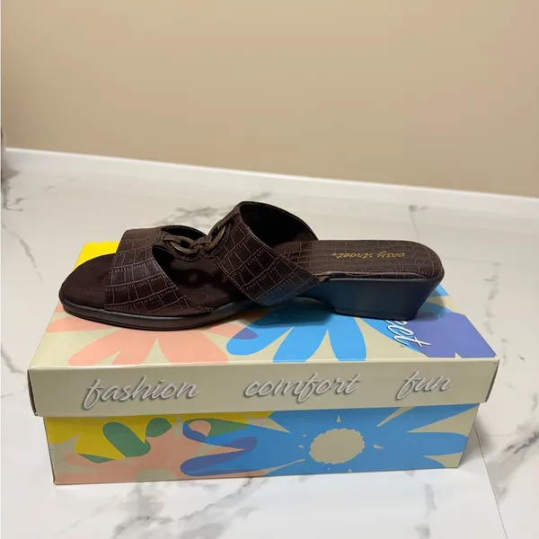 easy street Brown Croc Slide Sandals with Ring Accent - Image 3