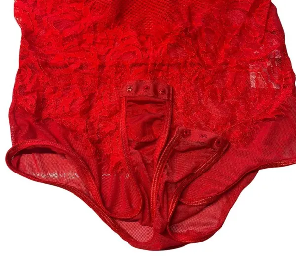 Mesh & Lace Teddy Bodysuit Bright Red Sexy Lingerie Sheer Rave Outfit Size M New - Image 3