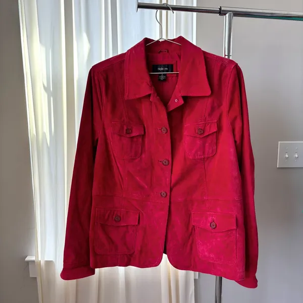Y2K Vintage Suede Chore Jacket Deep Cherry Red Leather Coat Boho Western Utility - Image 10