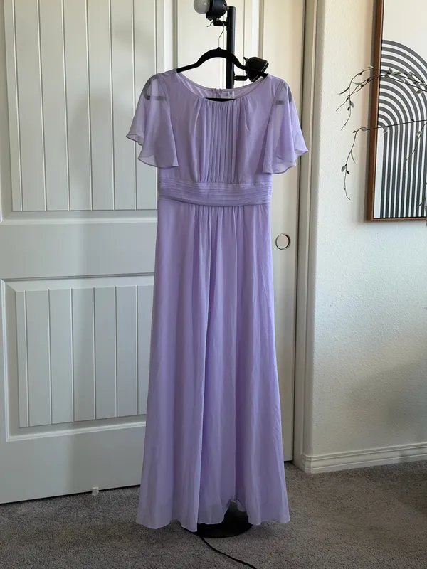 Lavender Chiffon Maxi Dress Flutter Short Sleeve Formal Gown with Pearl Necklace for Wedding Party Evening - Image 4