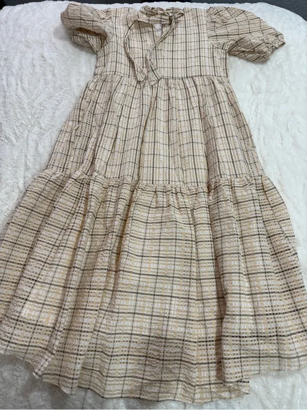 English Factory Plaid Puff Sleeve Tiered Midi Dress Small Neutral Cottagecore - Image 7