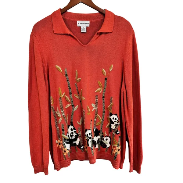 Alfred Dunner Panda Bamboo Embroidered Sweater Coral Ramie Cotton XL 6349 - Image 2