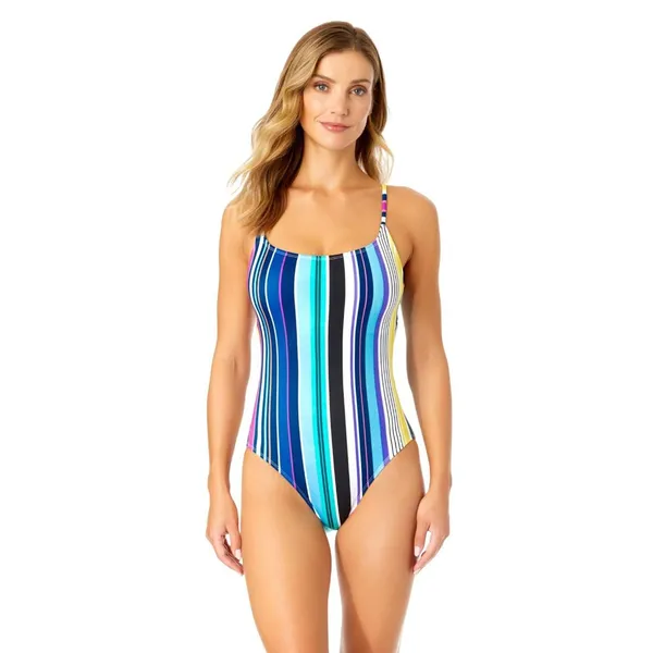 Anne Cole Womens Vintage Scoop Neck One Piece Swimsuit Barcode Stripe Blue 14 - Image 5