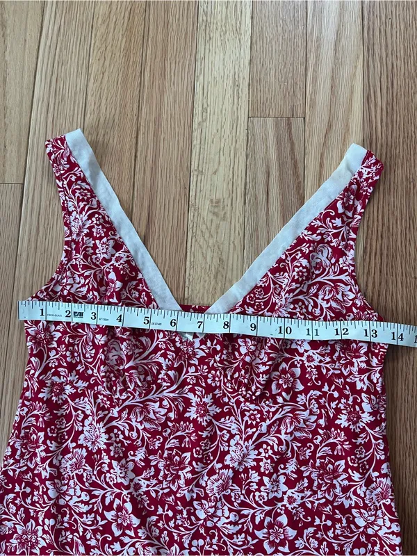 Red White Floral Print Slip Mini Dress XS Nightgown Feminine Romantic Cottage - Image 3