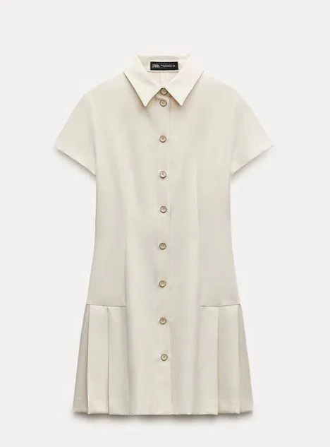 Zara mini dress pleated skirt collar button up ivory casual classic old money - Image 17