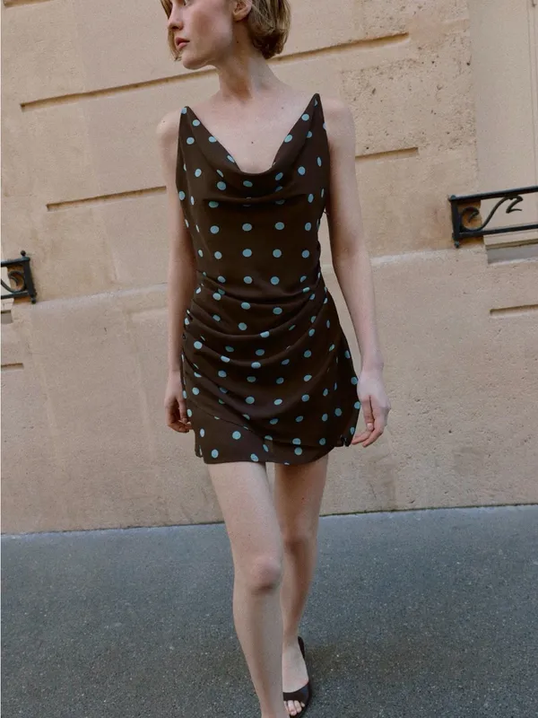 Zara Brown Mini Dress with Blue Polka Dots - Image 2