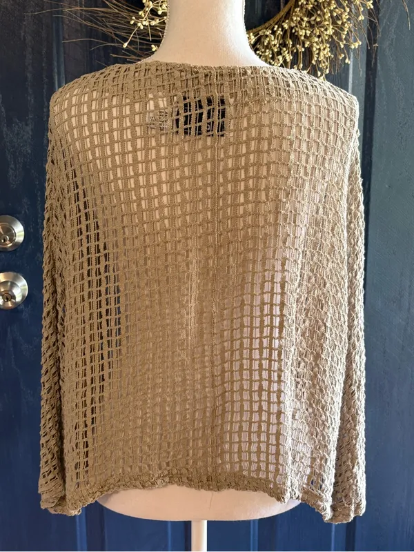 Keren Hart Beige Open Weave Crochet Cardigan L Boho Lagenlook Statement Buttons - Image 4