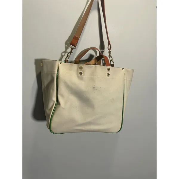 Boulevard Codie Tote Bag Womens Cream Green Canvas Leather Trim Preppy Work - Image 2