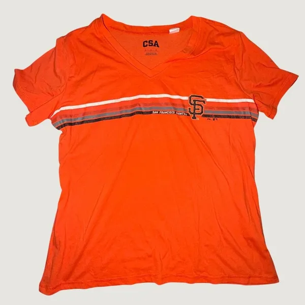 CSA San Francisco Giants MLB Womens V-Neck T-Shirt Orange Large Striped Logo - Image 2