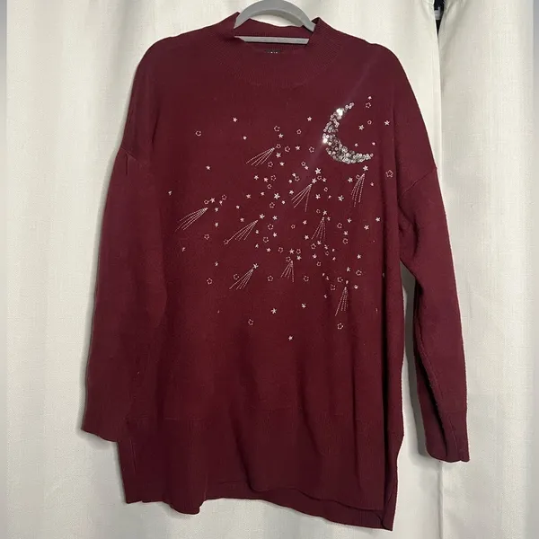 Torrid Burgundy Maroon Silver Sequin Moon Mock Neck Sweater 1X - Image 4