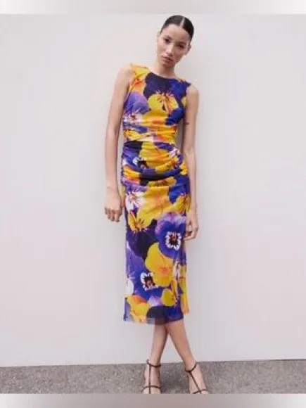 Zara Vibrant Floral Print Mesh Maxi Dress Criss Cross Open Back S - Image 12