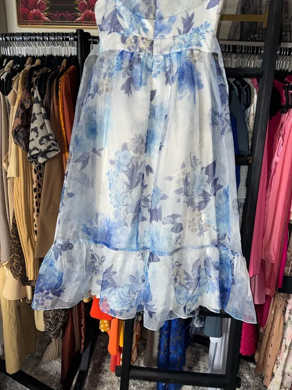 Lulus Sweet Composure Blue Floral Organza Off Shoulder Midi Dress Medium New NWT - Image 15