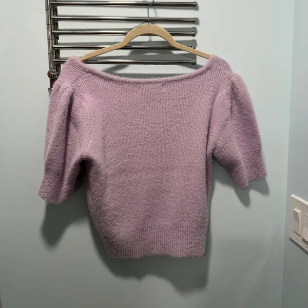 Happily Grey Fuzzy Knit Top Lavender Large Puff Sleeve‎ Feminine Casual Office - Image 4