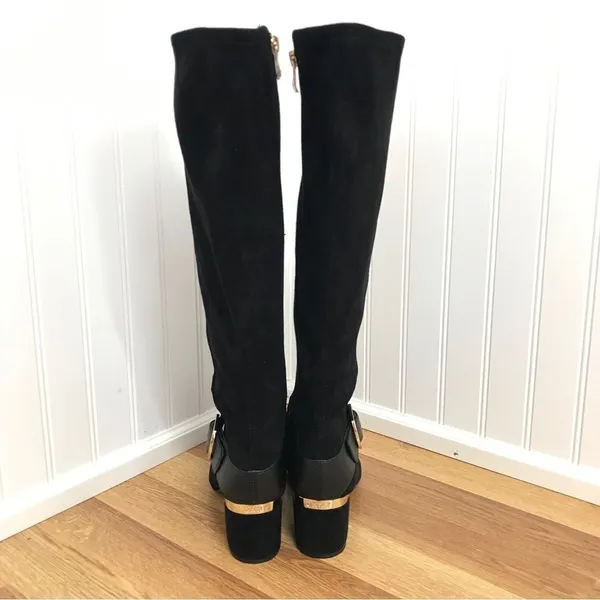 DKNY Caira Black Gold Vegan Suede Knee High Boot Buckle‎ Chunky Heel Size 6 New - Image 5