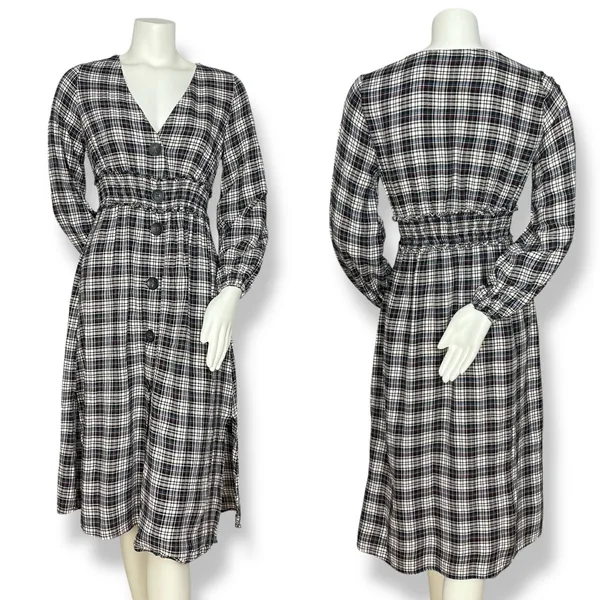 Zara Plaid Dress Shirred Smocked Long Sleeve V-Neck‎ Midi Women Size Medium - Image 2