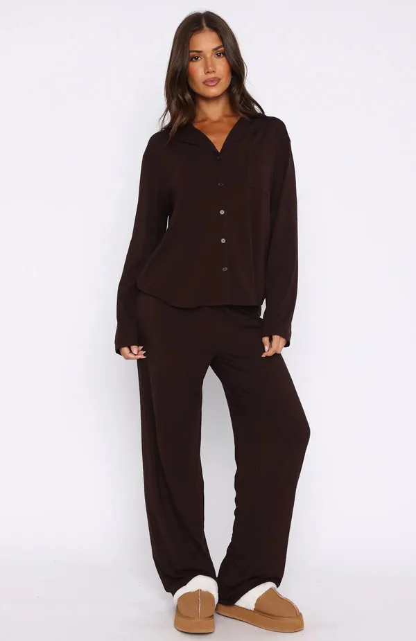 White Fox Boutique Chocolate Brown Cozy Soft Pillow Talk Long Sleeve Pyjama PJ Set - Image 3