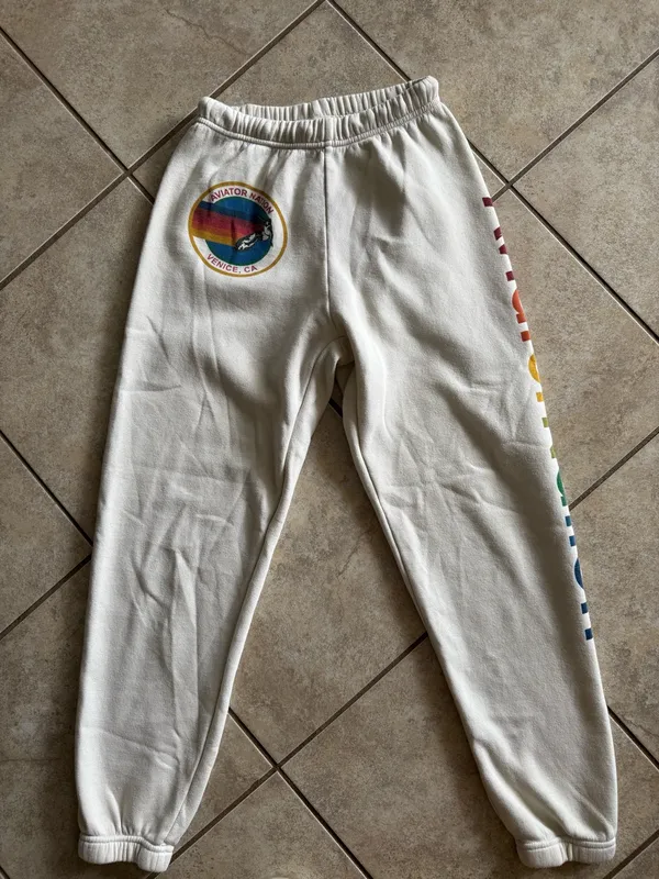 Aviator Nation Cream Joggers with Rainbow Side Logo - Image 5