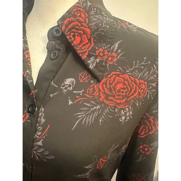 KILLSTAR Pandora Dress M Red Rose Skull Pentagram Gothic High Low Shirt Dress - Image 4