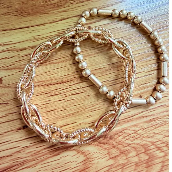 Gold Chunky Link and Beaded Stretch Bracelet Set OS‎ - Image 5