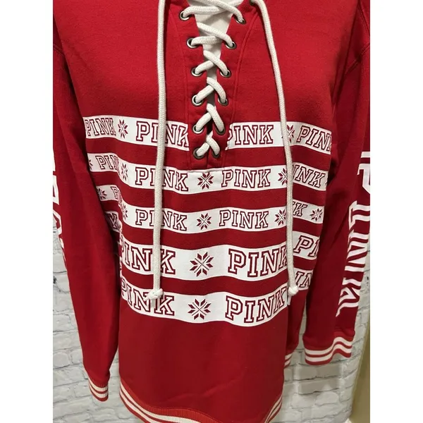 PINK by Victoria’s Secret Red Lace Up Sweatshirt Top Snowflakes Ski Winter Large - Image 3