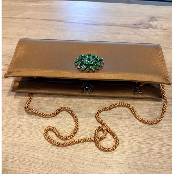 Bronze Satin Evening Clutch‎ Bag Green Rhinestone Brooch Beaded Handle Crossbody - Image 6