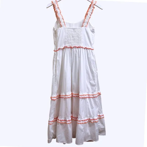 J.Crew White Cotton Scalloped-Trim‎ Tiered Midi Dress Size 0 Pockets Resortwear - Image 4