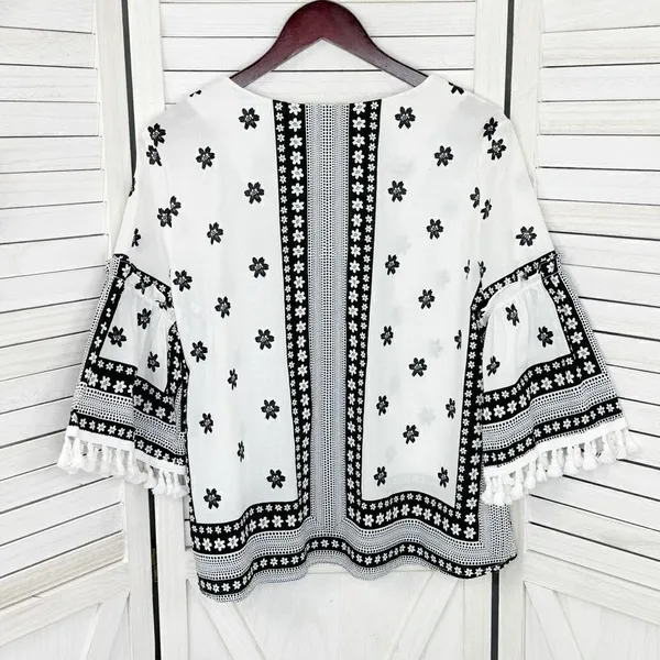 Soho New York & Comp Boho Fringe‎ Hem Floral Popover Shirt White Black Large - Image 9