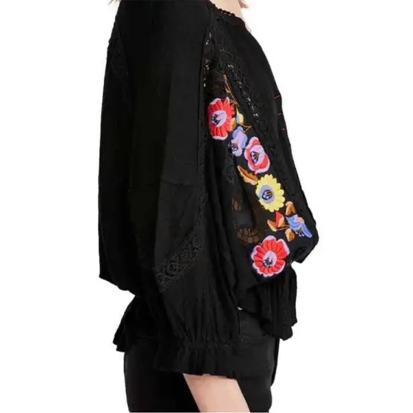 Free People Serafina Black Embroidered Lace Crochet Boho Festival Blouse Top M - Image 9