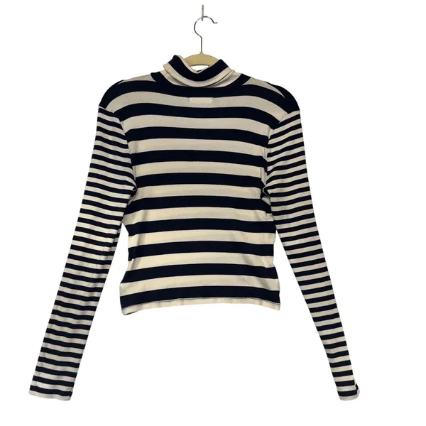Madewell Women Navy Cream Striped Ribbed Turtleneck Long Sleeve Top Size L‎ - Image 6