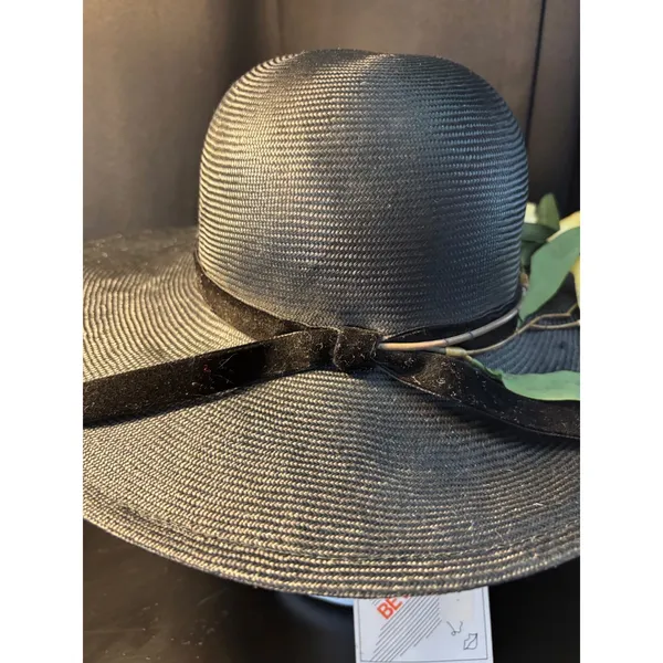 Vintage Betmar New York Black Wide Brim Sun Hat Yellow Floral Velvet Ribbon NWT - Image 7