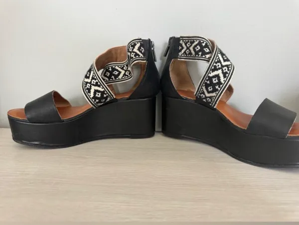 Lucky Brand GWINDOLIN Espadrille Wedge Sandal Black Leather Open Toe Platform 5 - Image 4
