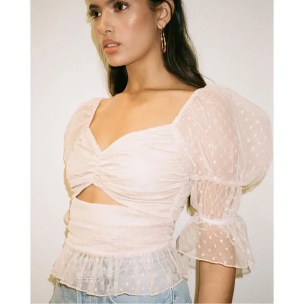 NEW LPA Dolores Top S Ivory Sheer Dot Puff Sleeve Cutout Pleated Peplum Tulle - Image 13