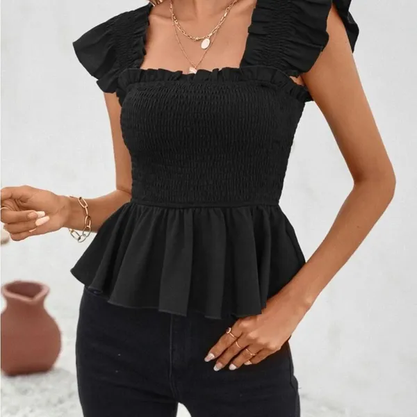Black Ruffle Smocked Camisole Tank Top Peplum Blouse Medium Size undefined - Image 7