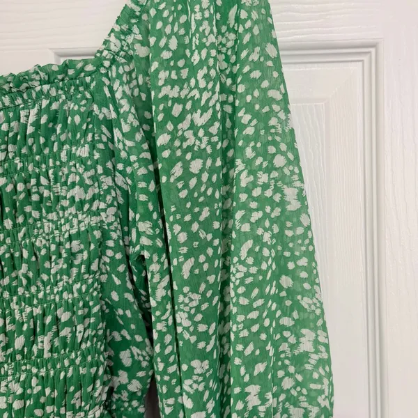 Sienna Sky Green Off the Shoulder Cottage Smocked Babydoll Mini Dress Speckled - Medium - Image 7