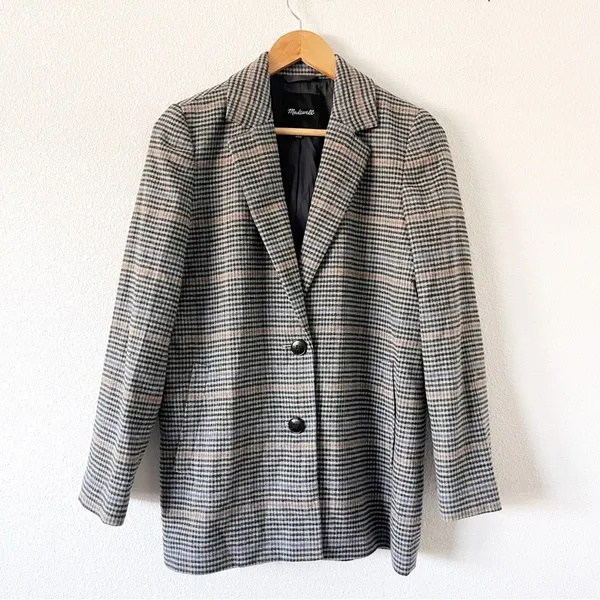 Madewell Dorset Tiarnan Glen Plaid Gray White Oversized Chic Blazer Jacket - Image 2