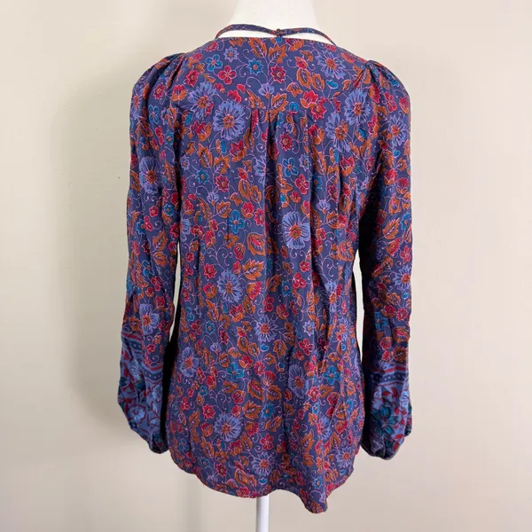 Natural Life Womens S Purple Floral Rayon Boho Tie Neck Balloon Sleeve Blouse - Image 3