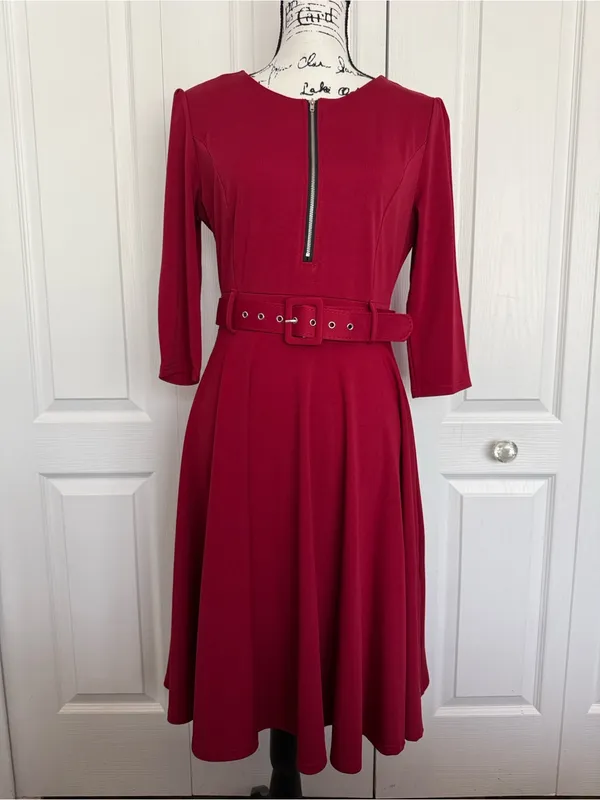 ChicMe Burgundy Belted Midi Dress with Front Zip Detail - Image 4