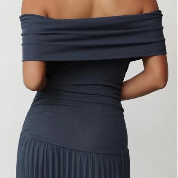 Women’s Navy Off-Shoulder Maxi Dress Pleated Skirt Size L - Image 15