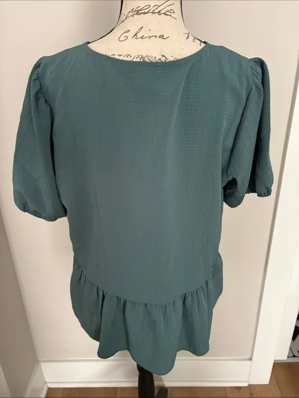 Nine West Large Teal V-Neck Peplum Blouse - Image 2