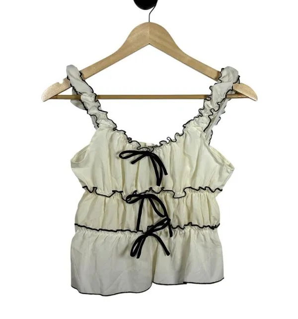 Sugarkiss Women’s Contrast Trim Ruffle Bow Top Ivory/Black Size L - Image 4