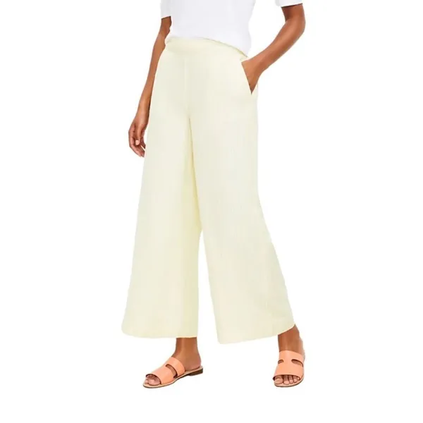 Loft Striped Linen Blend Wide Leg Crop Pants‎ Yellow White Small Lined Preppy - Image 2