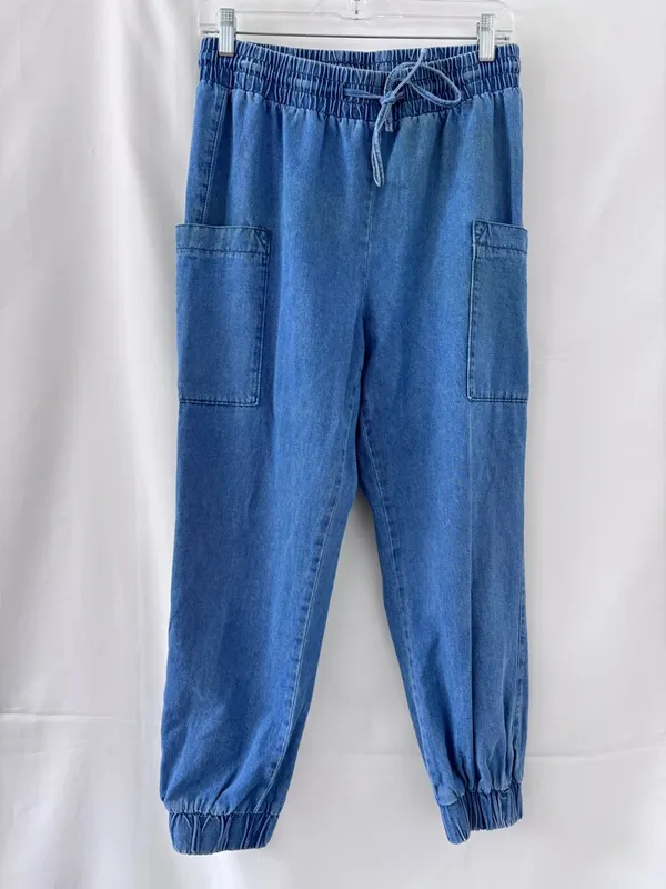 Indigo Rein Denim Joggers Size Large – Blue Elastic Waist Cargo Style - Image 8