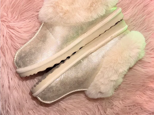 Faux Fur Lined Metallic Slipper Boots - Gold - Image 8